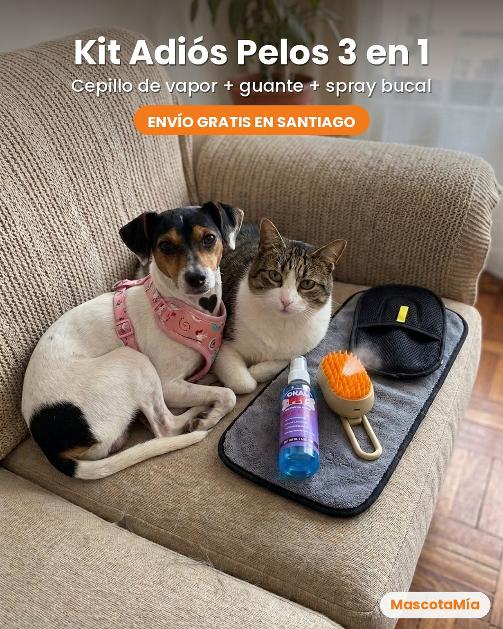 Kit Adiós Pelos 3 en 1 – Cepillo de vapor + Guante + Spray bucal